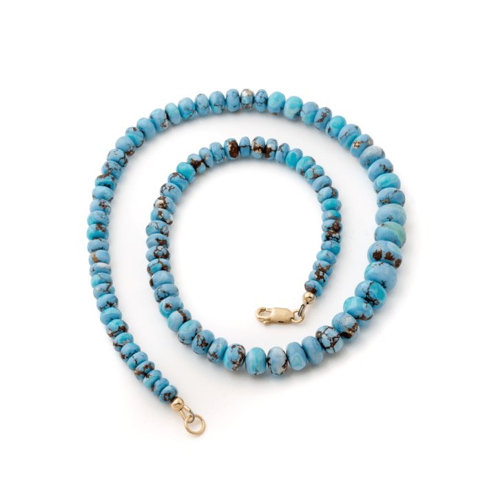 14k Yellow Gold Natural Golden Hills Turquoise 10mm Round Beaded Strand (2) - Kingdom Jewelry