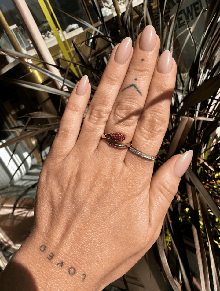 14K Yellow Gold Snke Ring with Ruby's - Kingdom Jewelry