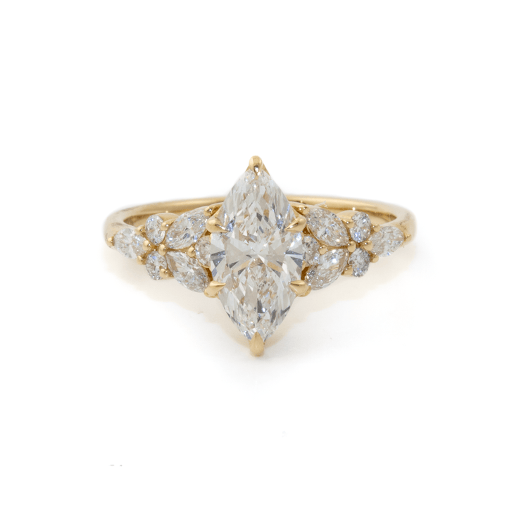 14k Yellow Gold x 1.05ct E VVS2 Marquise + Side Round & Marquise 0.46ctw Cluster Lab Diamond Engagement - Kingdom Jewelry