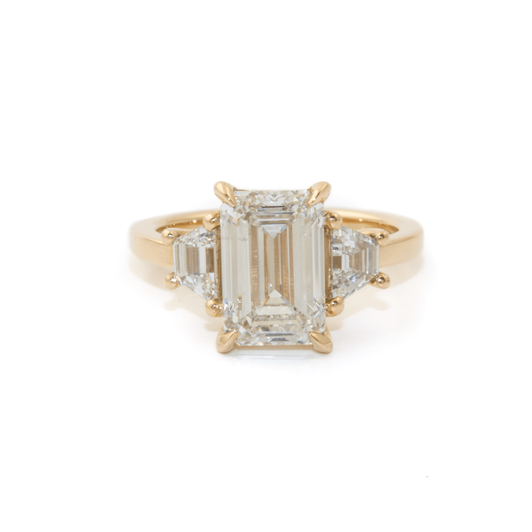 14k Yellow Gold x 3.38ct Emerald Cut G VS2 & .75ctw Trapazoid Lab Diamond Engagement Trilogy - Kingdom Jewelry