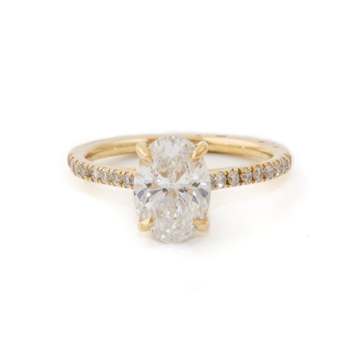 14k Yellow Gold x Hidden Halo 1.52ct Oval VVS2 E + ½ Eternity 0.33ctw Pave Lab Diamond Engagement Set - Kingdom Jewelry