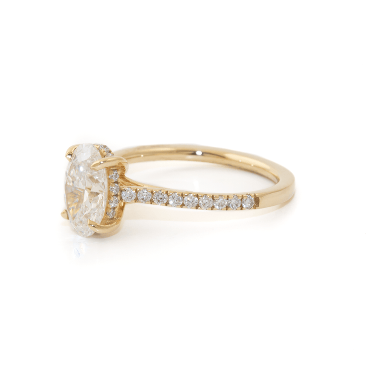 14k Yellow Gold x Hidden Halo 1.52ct Oval VVS2 E + ½ Eternity 0.33ctw Pave Lab Diamond Engagement Set - Kingdom Jewelry