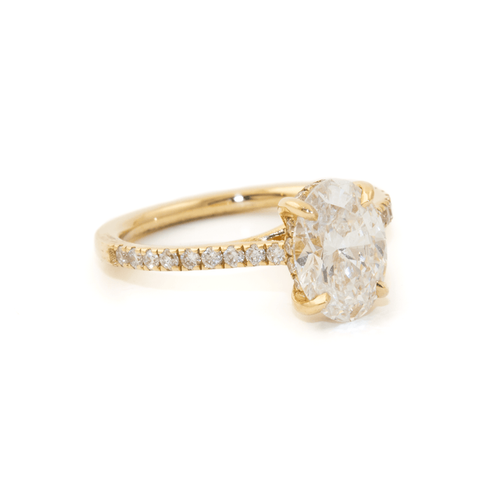 14k Yellow Gold x Hidden Halo 1.52ct Oval VVS2 E + ½ Eternity 0.33ctw Pave Lab Diamond Engagement Set - Kingdom Jewelry