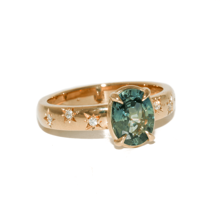 14k Yellow Gold x Oval 1.59ct Teal Sapphire & Accented Starburst Lab Diamond Ring - Kingdom Jewelry