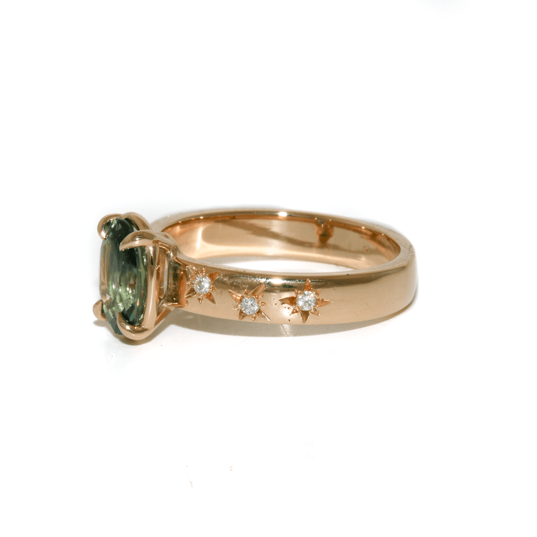 14k Yellow Gold x Oval 1.59ct Teal Sapphire & Accented Starburst Lab Diamond Ring - Kingdom Jewelry