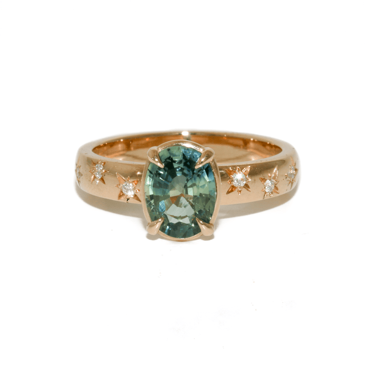 14k Yellow Gold x Oval 1.59ct Teal Sapphire & Accented Starburst Lab Diamond Ring - Kingdom Jewelry