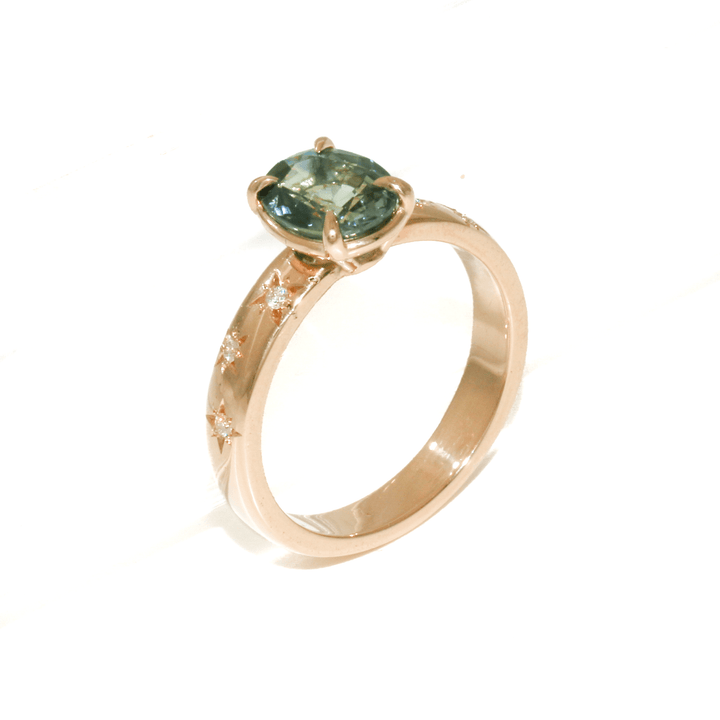 14k Yellow Gold x Oval 1.59ct Teal Sapphire & Accented Starburst Lab Diamond Ring - Kingdom Jewelry