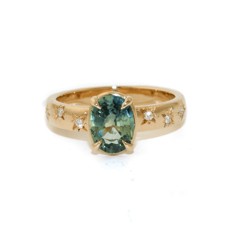 14k Yellow Gold x Oval 1.59ct Teal Sapphire & Accented Starburst Lab Diamond Ring - Kingdom Jewelry