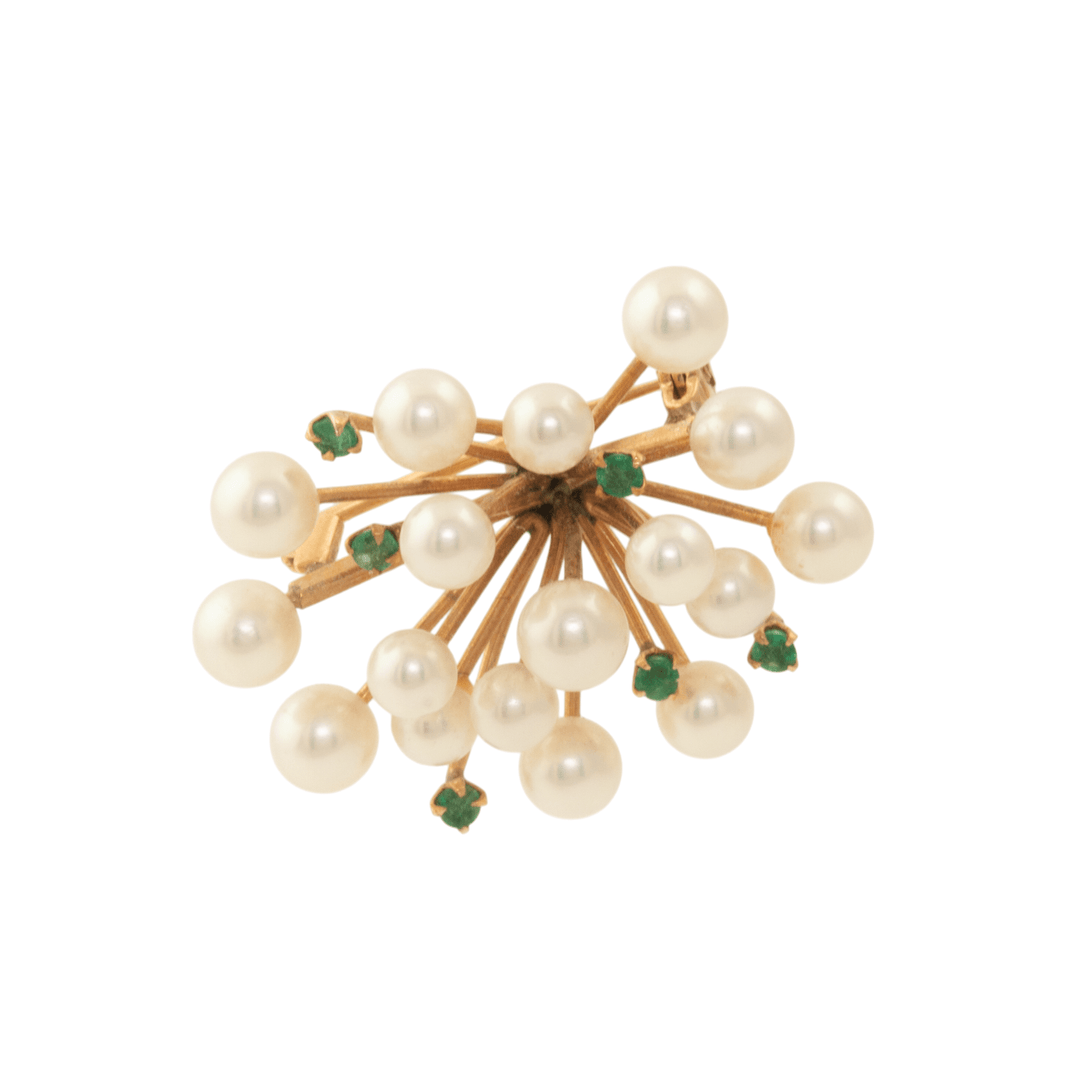 14k Yellow Gold x Pearl & Emerald "Spore" Brooch - Kingdom Jewelry