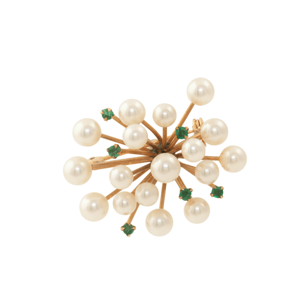 14k Yellow Gold x Pearl & Emerald "Spore" Brooch - Kingdom Jewelry