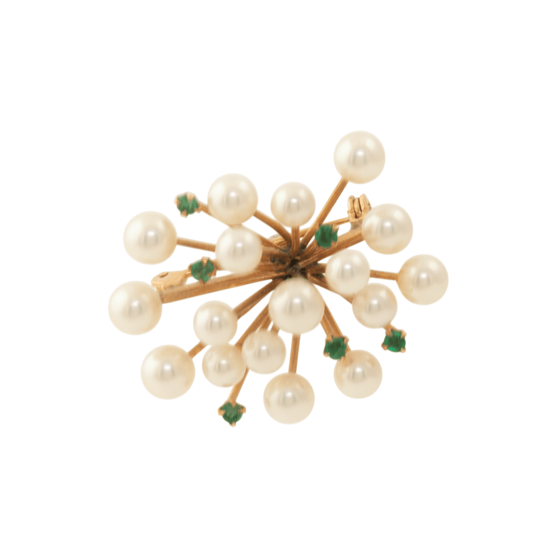 14k Yellow Gold x Pearl & Emerald "Spore" Brooch - Kingdom Jewelry