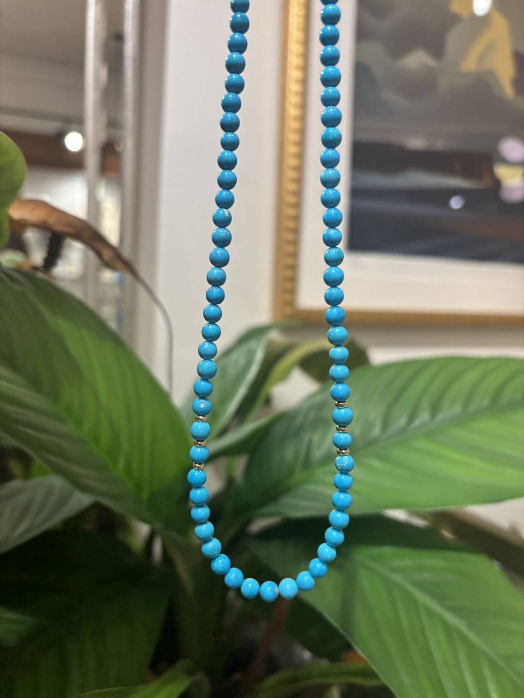 "16 Round Beaded Sleeping Beauty Turquoise x 14k Yellow Gold Bead Necklace - Kingdom Jewelry