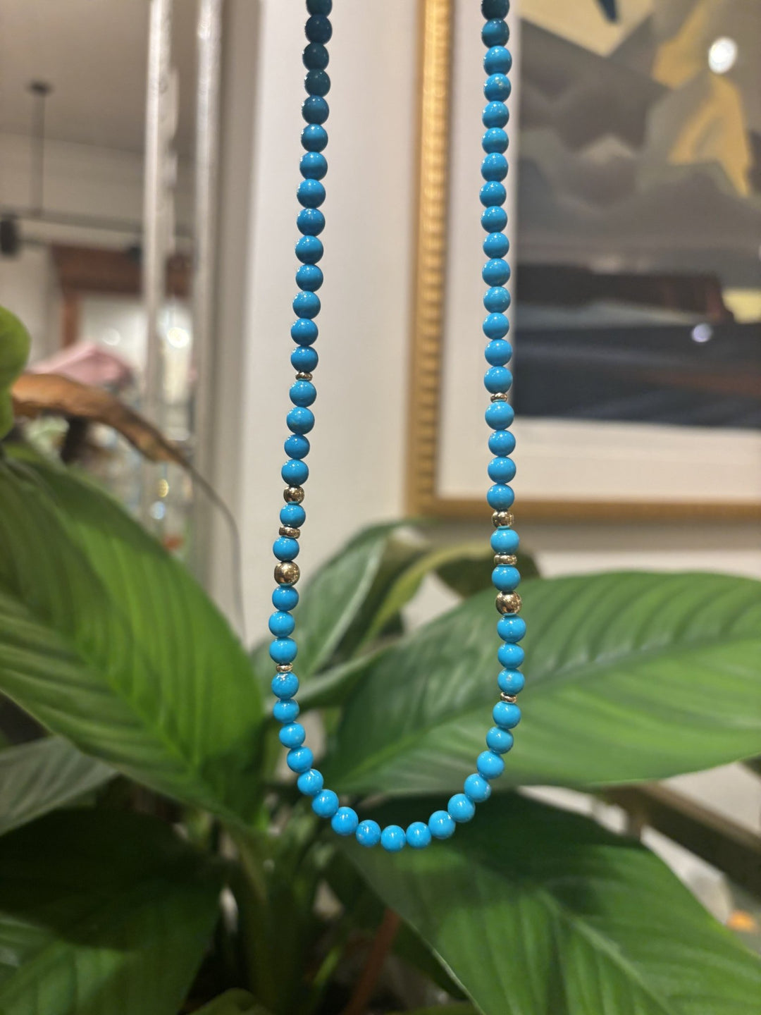 18" Round Beaded Sleeping Beauty Turquoise x 14k Yellow Gold Bead Necklace - Kingdom Jewelry