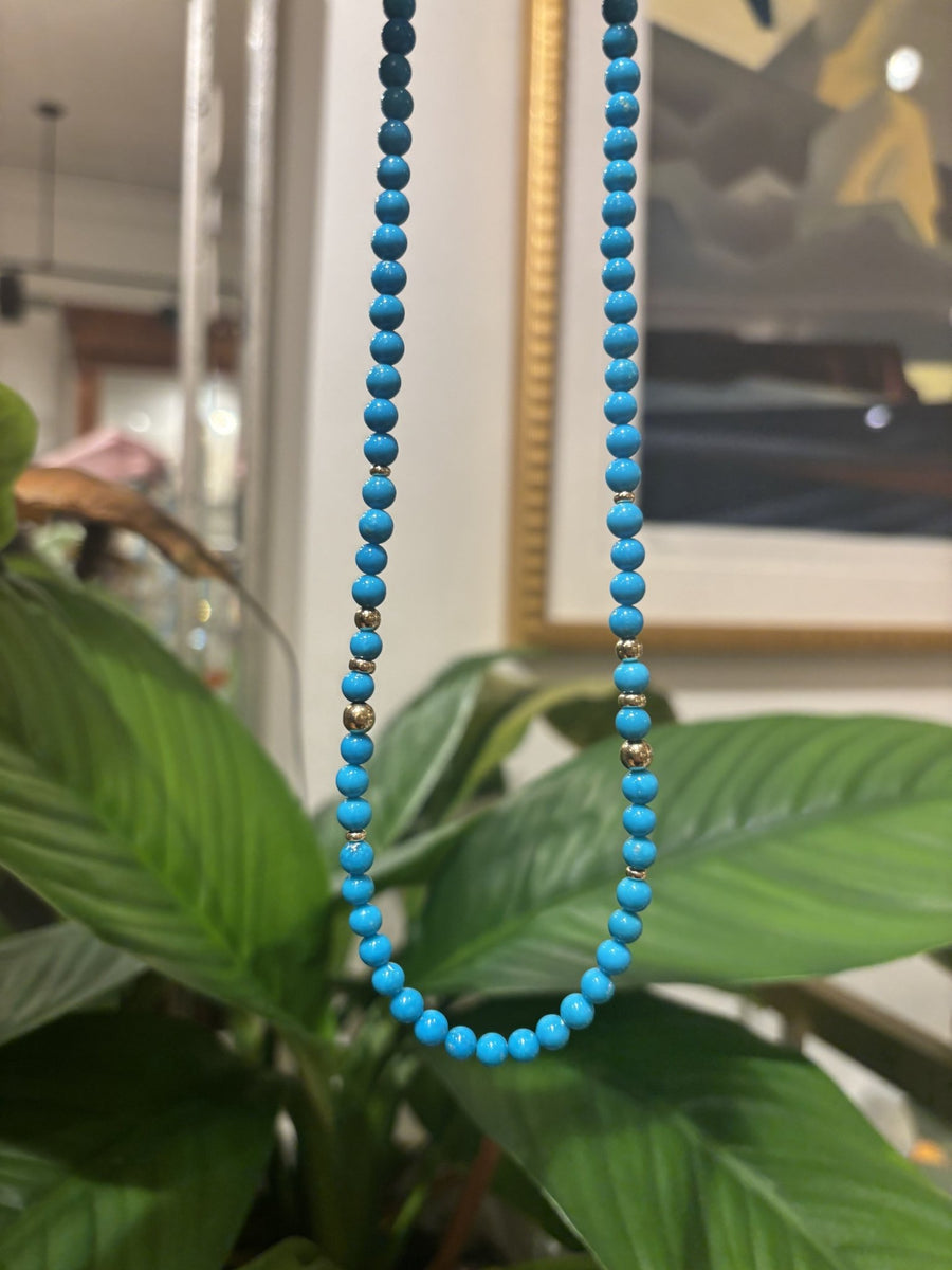 18" Round Beaded Sleeping Beauty Turquoise x 14k Yellow Gold Bead Necklace - Kingdom Jewelry