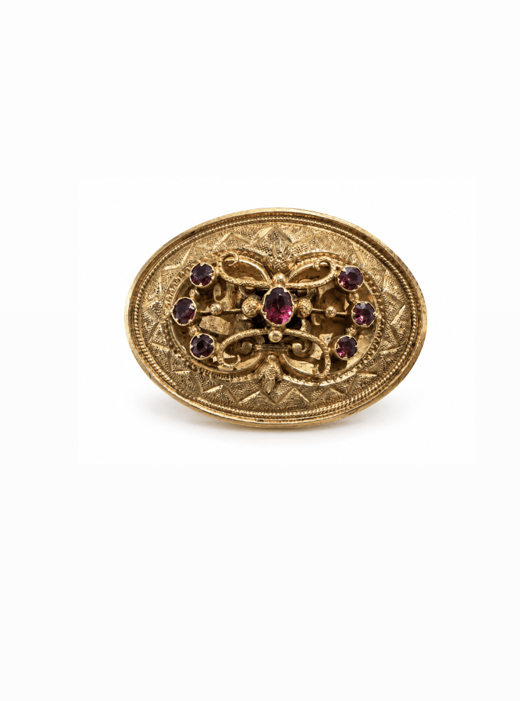 1880's Victorian Etruscan Revival Gold and Garnet Brooch - Kingdom Jewelry