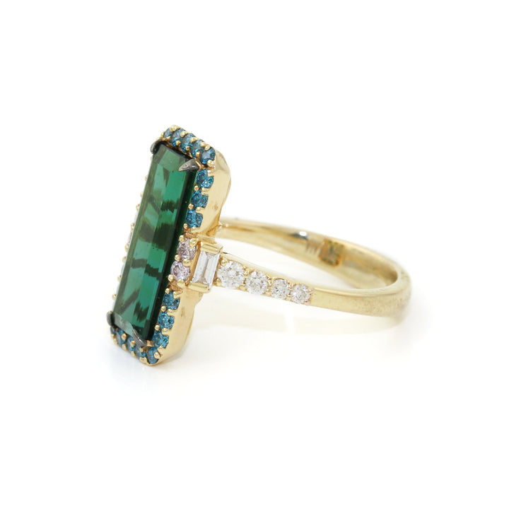 18k Gold x 3.62 ct Green Tourmaline & White and Blue Diamond Ring - Kingdom Jewelry