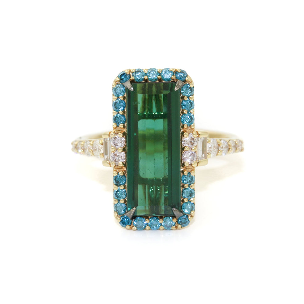 18k Gold x 3.62 ct Green Tourmaline & White and Blue Diamond Ring - Kingdom Jewelry