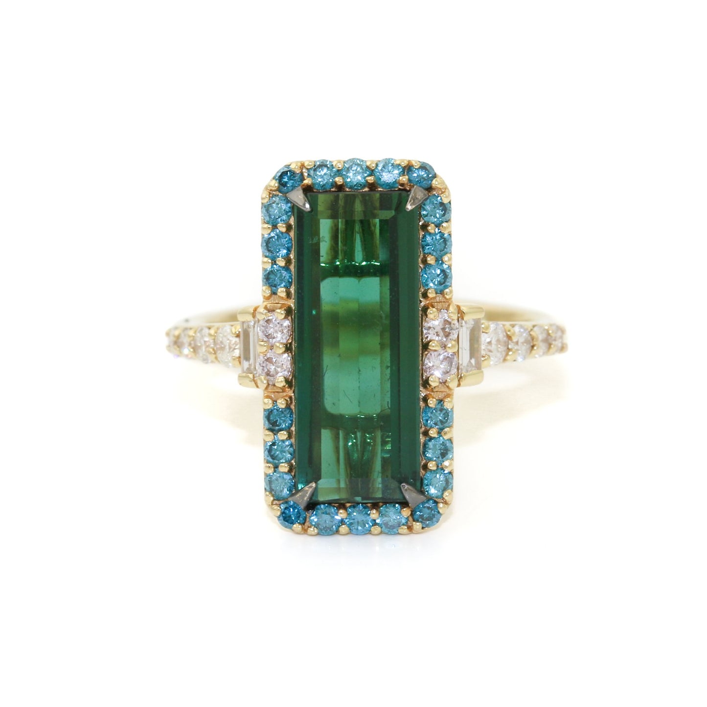 18k Gold x 3.62 ct Green Tourmaline & White and Blue Diamond Ring - Kingdom Jewelry