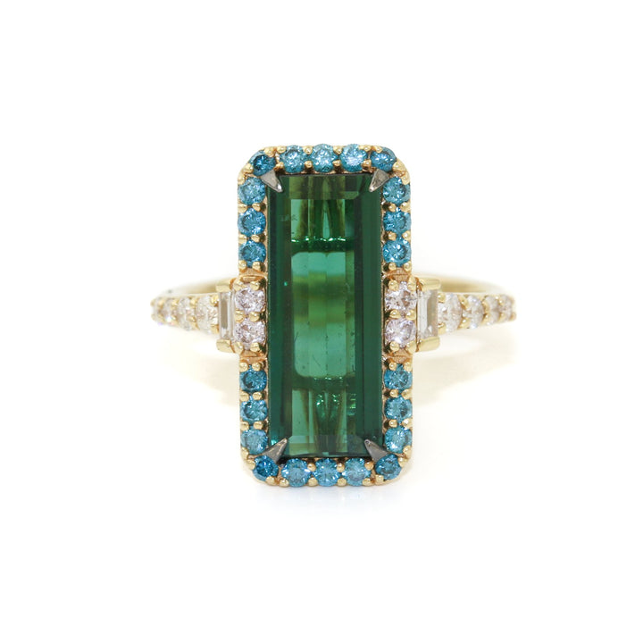 18k Gold x 3.62 ct Green Tourmaline & White and Blue Diamond Ring - Kingdom Jewelry