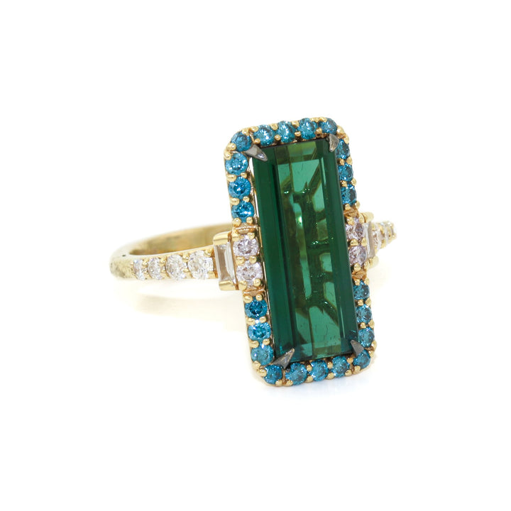 18k Gold x 3.62 ct Green Tourmaline & White and Blue Diamond Ring - Kingdom Jewelry