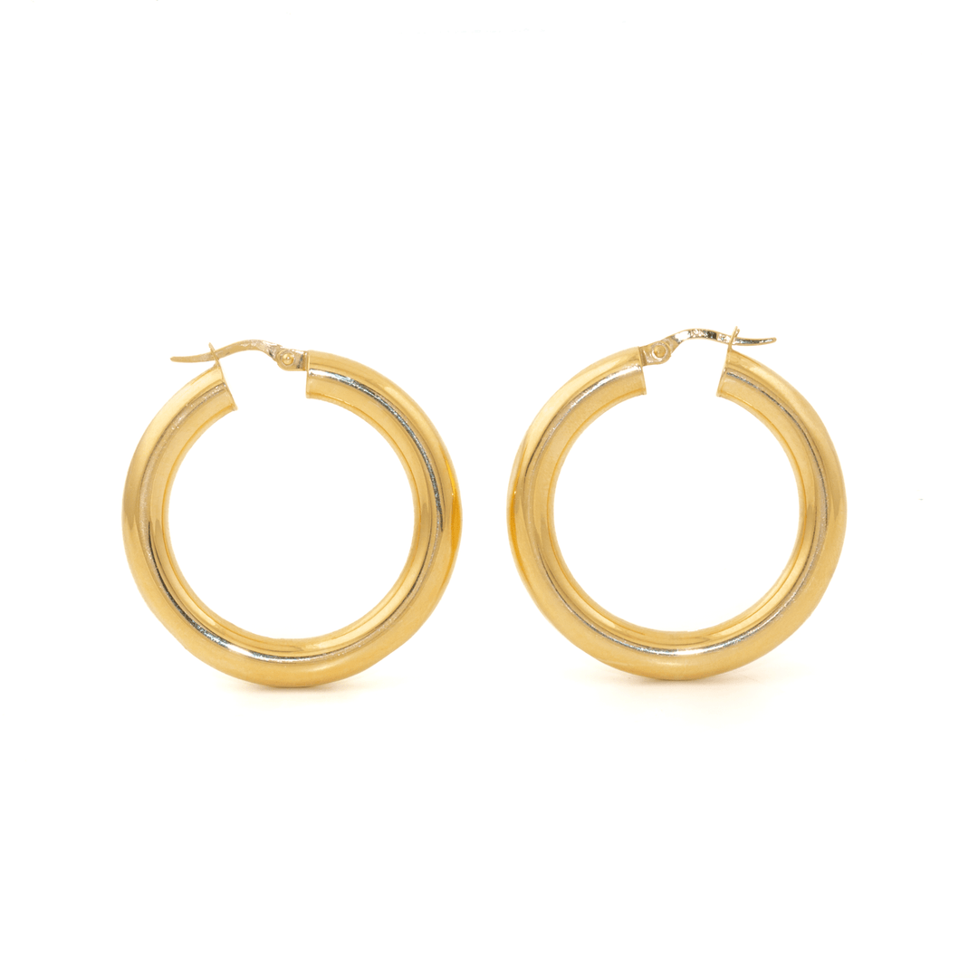 18k Gold x 4mm x 32mm Semi - Hollow Tube Hoops - Kingdom Jewelry