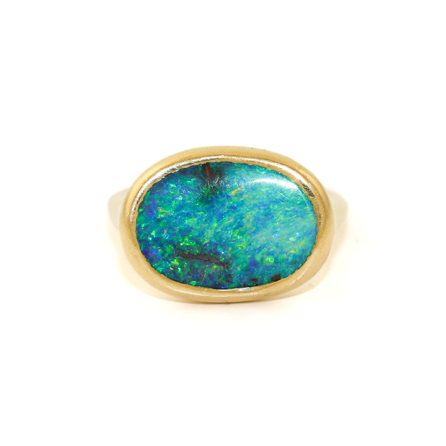 18k Gold x Antique 12mm Australian Boulder Opal Inlay Signet - Kingdom Jewelry