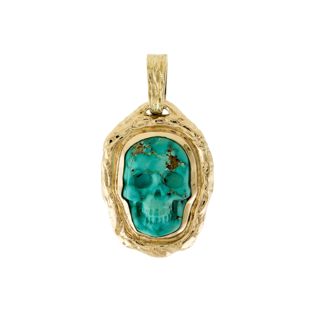 18k Gold x Carved "Lee Downey" Turquoise Skull Pendant - Kingdom Jewelry