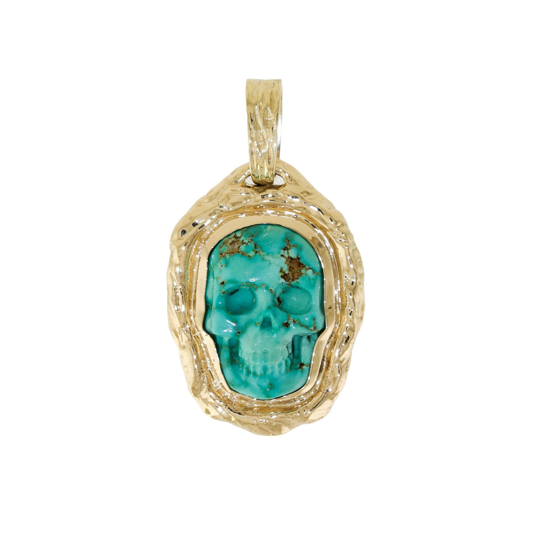 18k Gold x Carved "Lee Downey" Turquoise Skull Pendant - Kingdom Jewelry