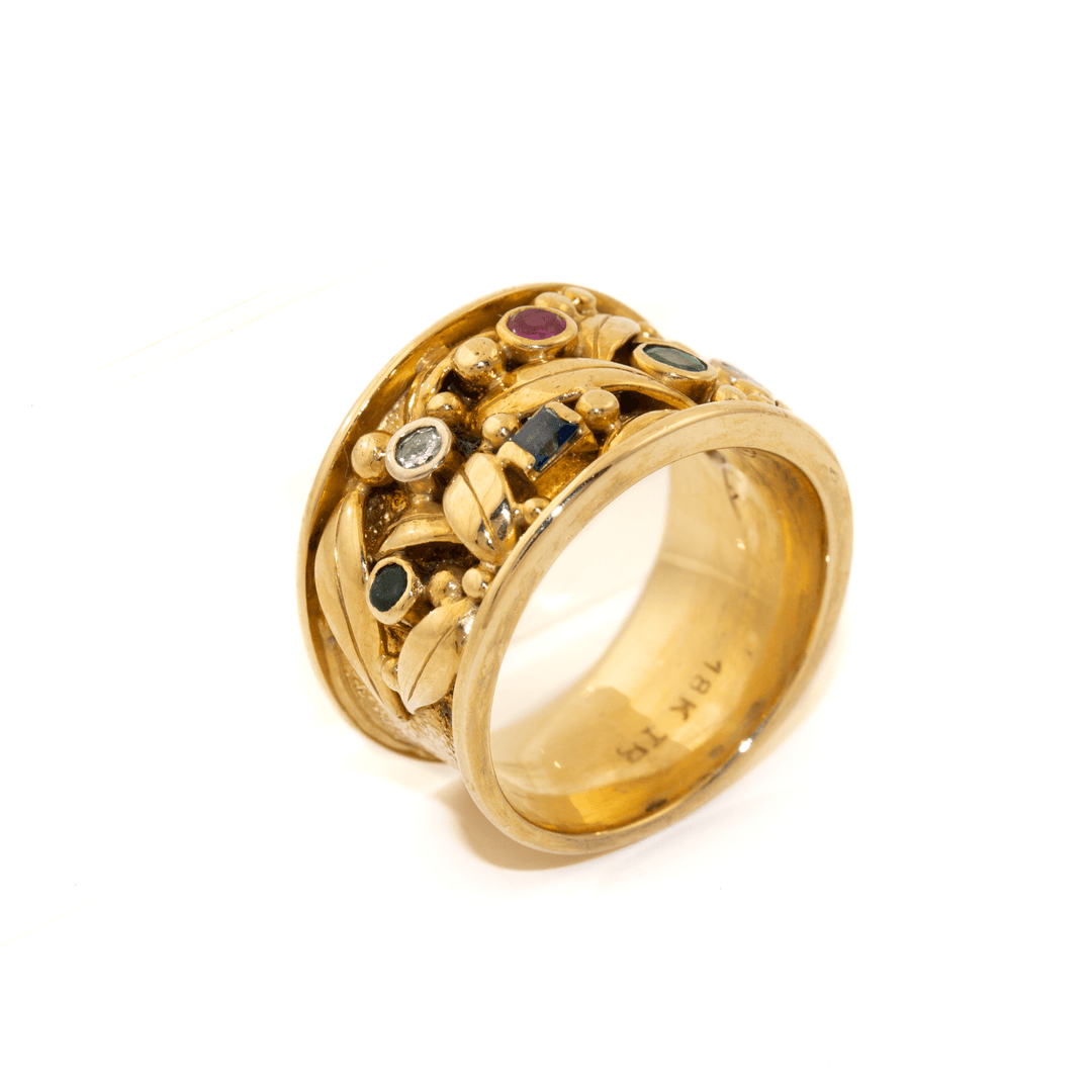 18k Gold x Chunky 14mm Leaf - Motif Multi - Gemstone Band - Kingdom Jewelry