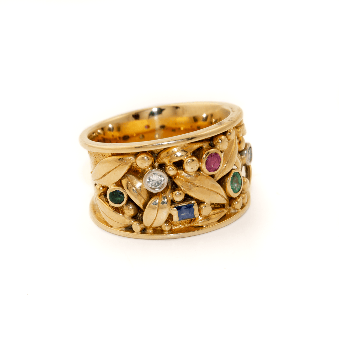 18k Gold x Chunky 14mm Leaf - Motif Multi - Gemstone Band - Kingdom Jewelry