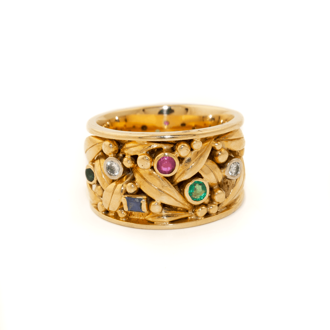 18k Gold x Chunky 14mm Leaf - Motif Multi - Gemstone Band - Kingdom Jewelry