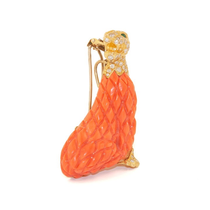 18k Gold x French 1960's Red Coral & Diamond - Encrusted Leopard Brooch - Kingdom Jewelry