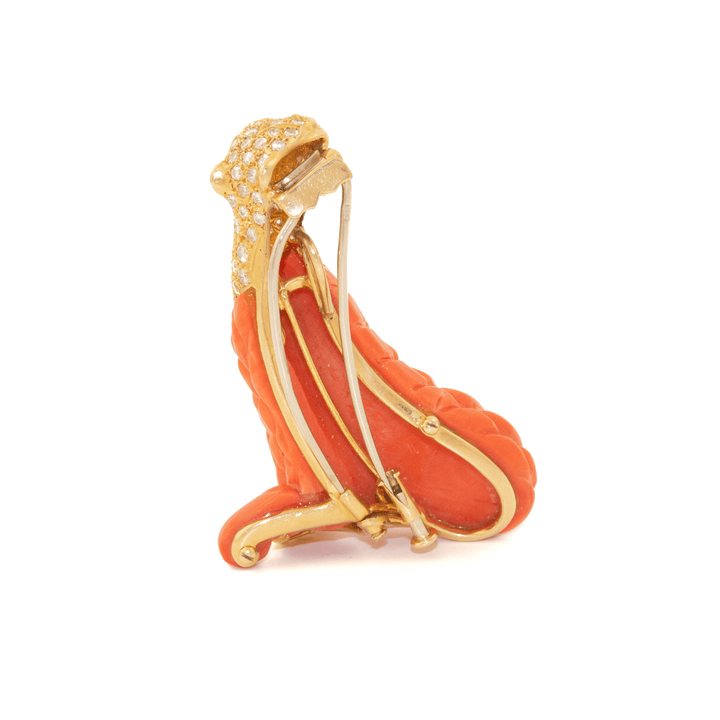 18k Gold x French 1960's Red Coral & Diamond - Encrusted Leopard Brooch - Kingdom Jewelry