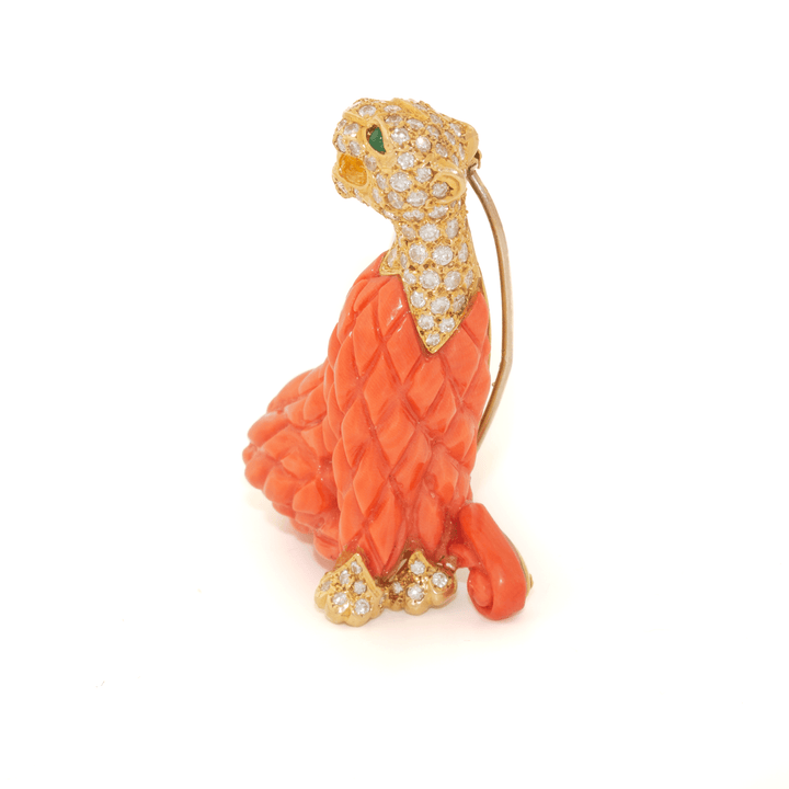 18k Gold x French 1960's Red Coral & Diamond - Encrusted Leopard Brooch - Kingdom Jewelry