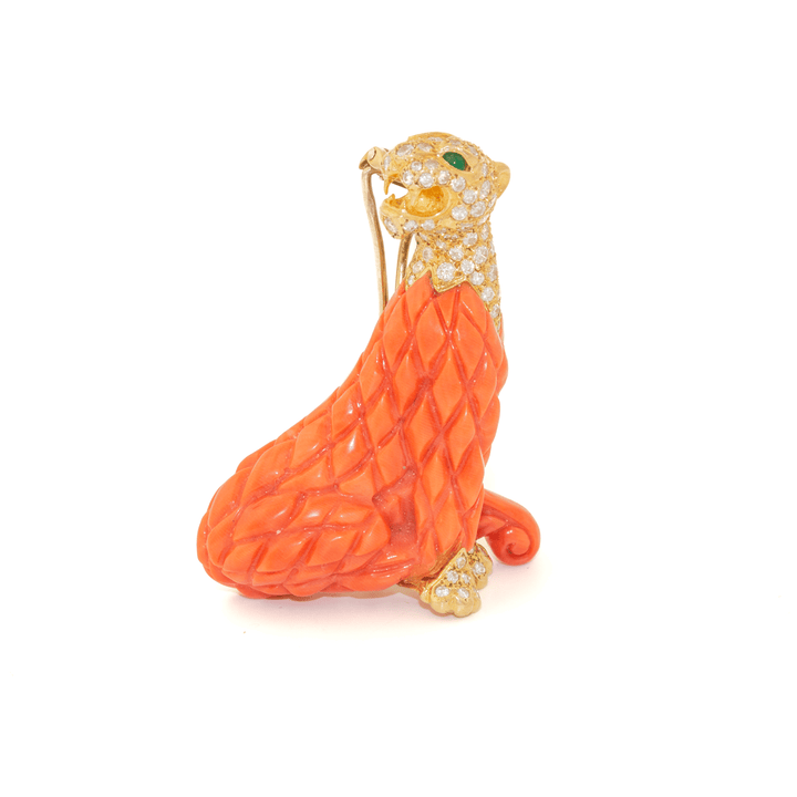 18k Gold x French 1960's Red Coral & Diamond - Encrusted Leopard Brooch - Kingdom Jewelry