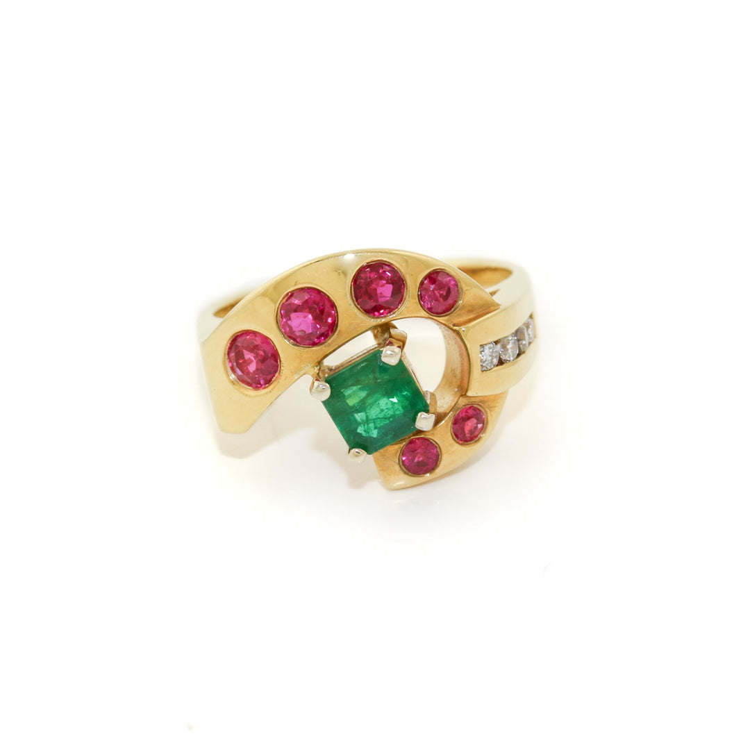 18k Gold x Modernist 1960's Ruby & Emerald Cocktail Ring - Kingdom Jewelry