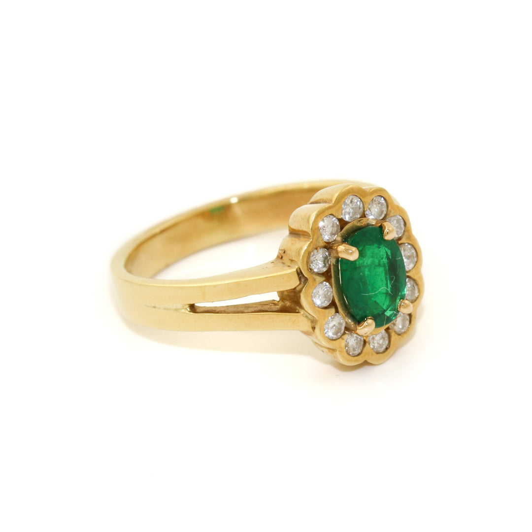 18k Gold x Vintage .65 Emerald & Diamond Halo Ring - Kingdom Jewelry