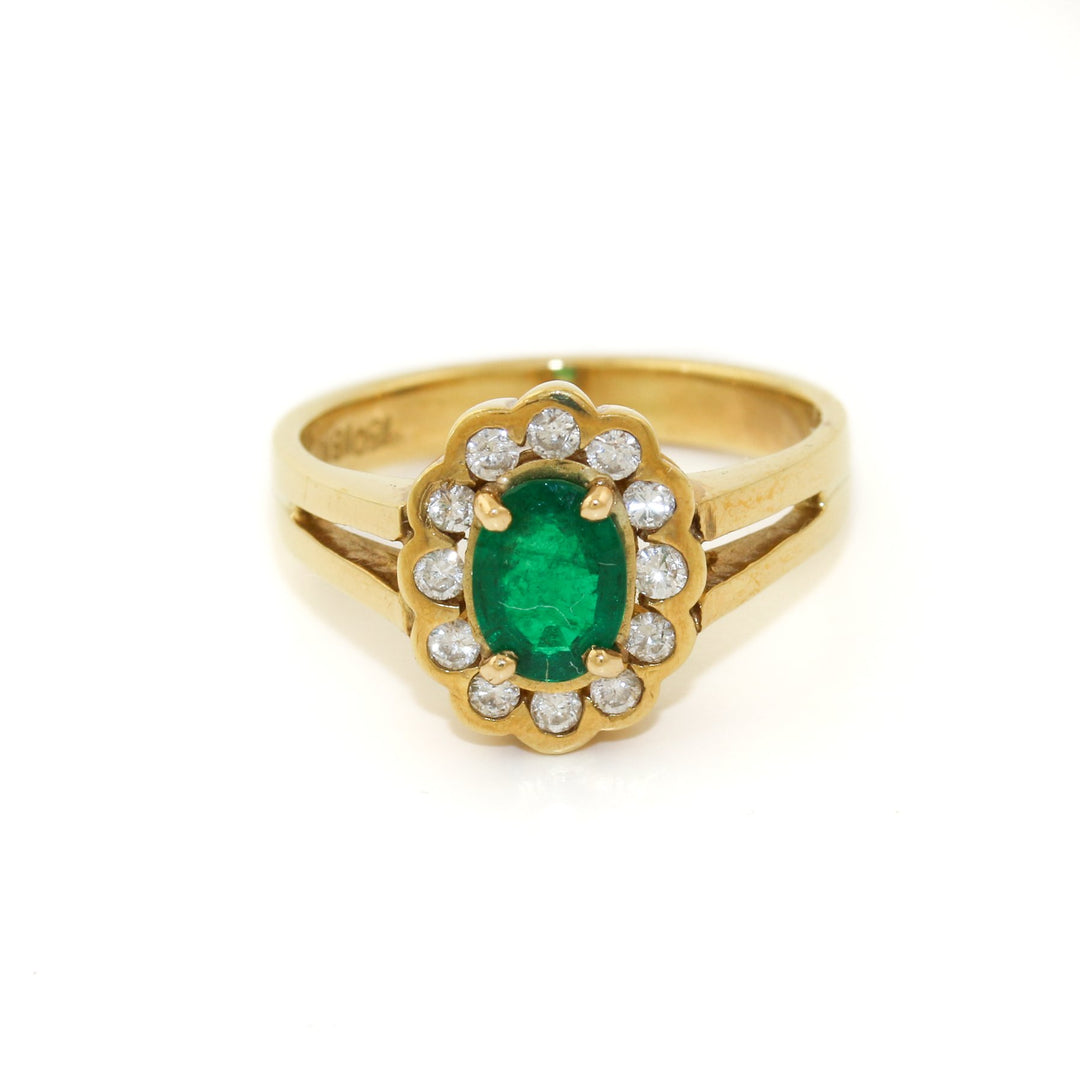 18k Gold x Vintage .65 Emerald & Diamond Halo Ring - Kingdom Jewelry