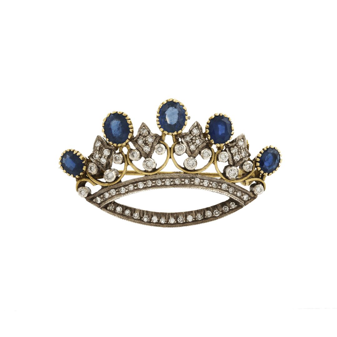18k Two - Tone x Antique Victorian 2.16 ct Sapphire & Diamond Crown Brooch - Kingdom Jewelry