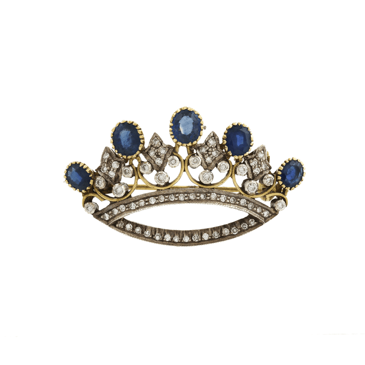 18k Two - Tone x Antique Victorian 2.16 ct Sapphire & Diamond Crown Brooch - Kingdom Jewelry