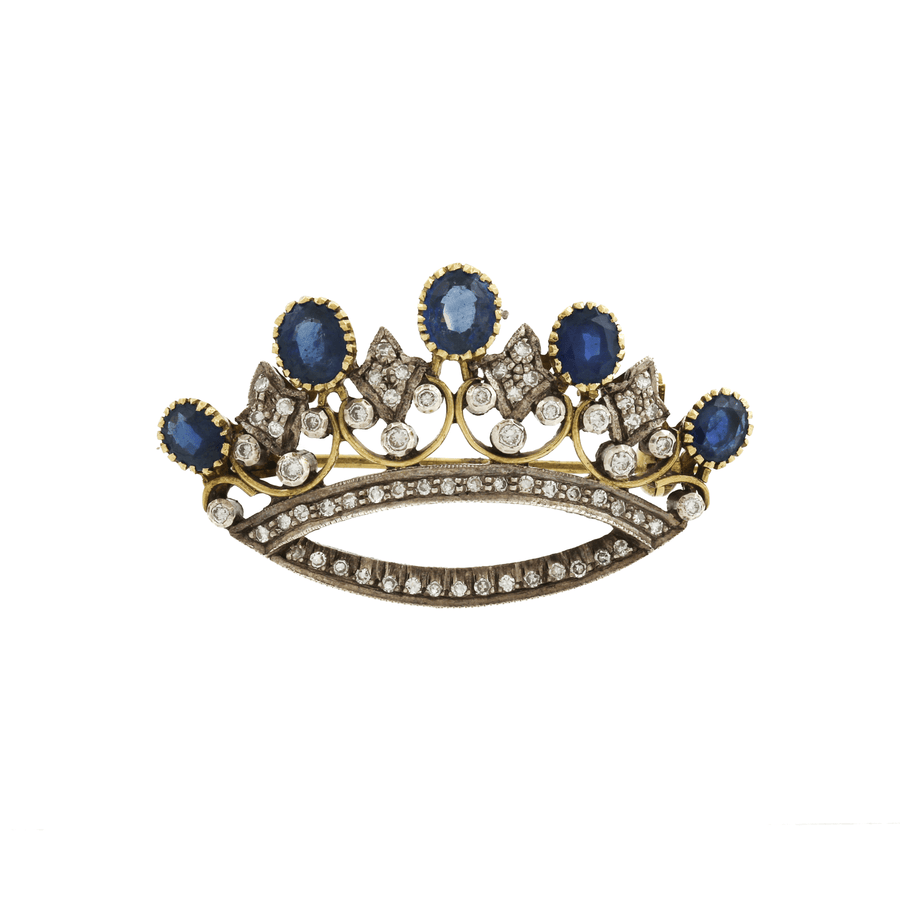 18k Two - Tone x Antique Victorian 2.16 ct Sapphire & Diamond Crown Brooch - Kingdom Jewelry