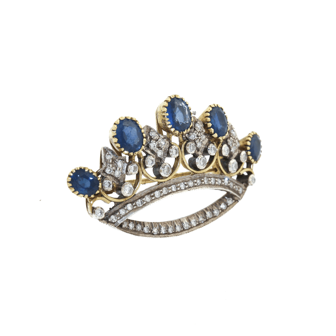 18k Two - Tone x Antique Victorian 2.16 ct Sapphire & Diamond Crown Brooch - Kingdom Jewelry