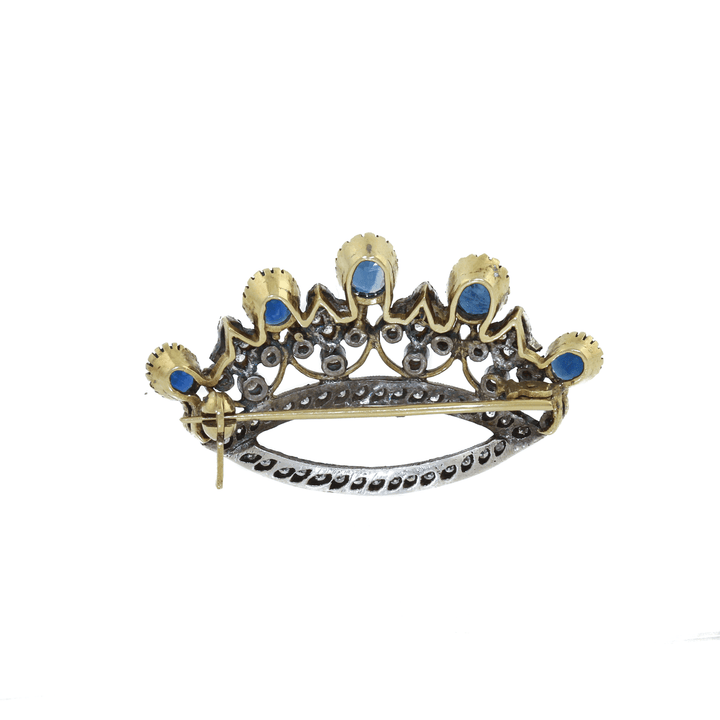 18k Two - Tone x Antique Victorian 2.16 ct Sapphire & Diamond Crown Brooch - Kingdom Jewelry