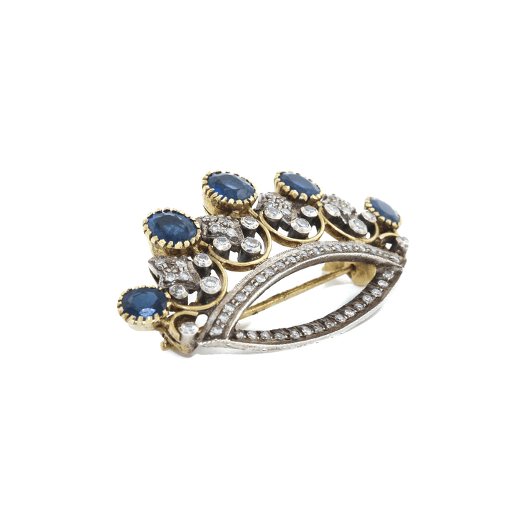 18k Two - Tone x Antique Victorian 2.16 ct Sapphire & Diamond Crown Brooch - Kingdom Jewelry