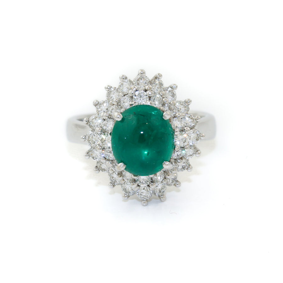 18k White Gold x 1.92 Domed Emerald & Pave Diamond Cocktail Ring - Kingdom Jewelry