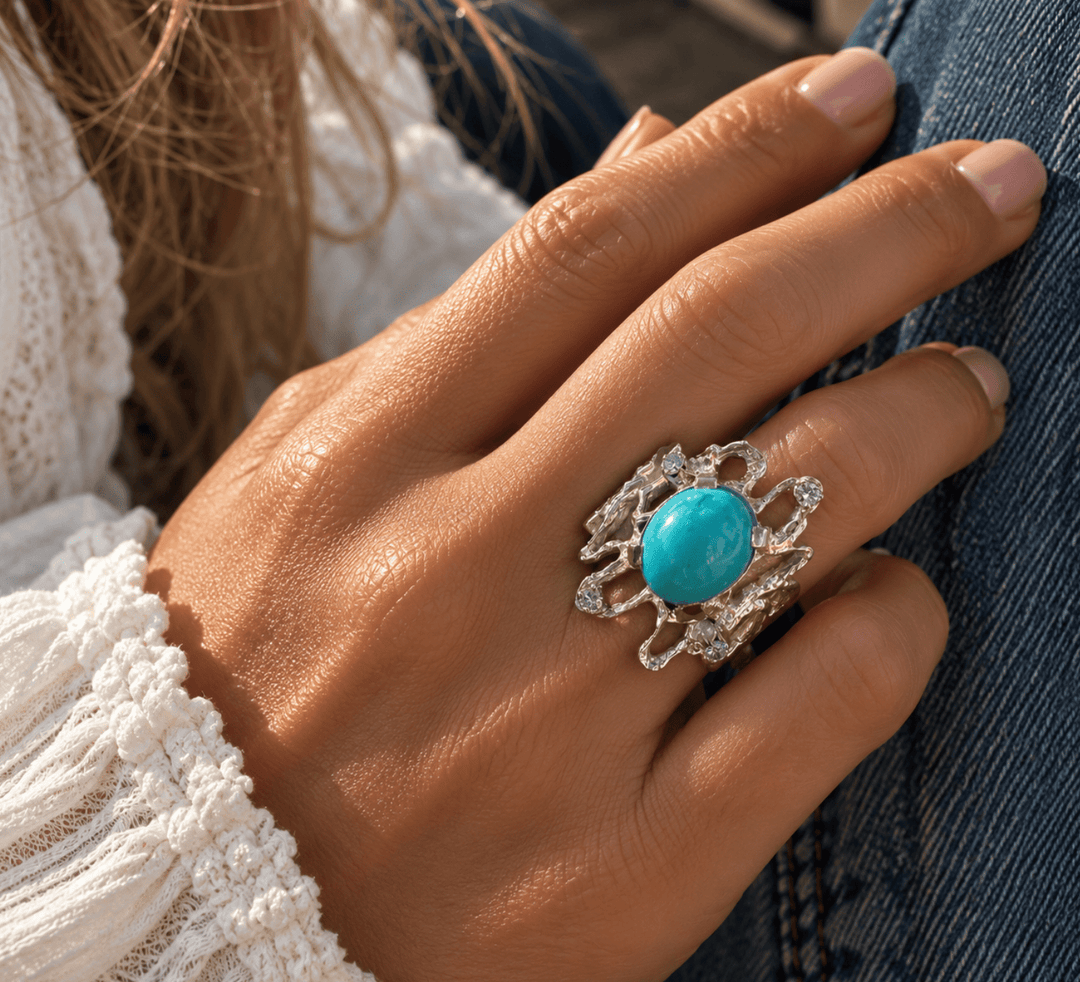 18k White Gold x Abstract 3.00ct Persian Turquoise & Natural Diamond Ring - Kingdom Jewelry