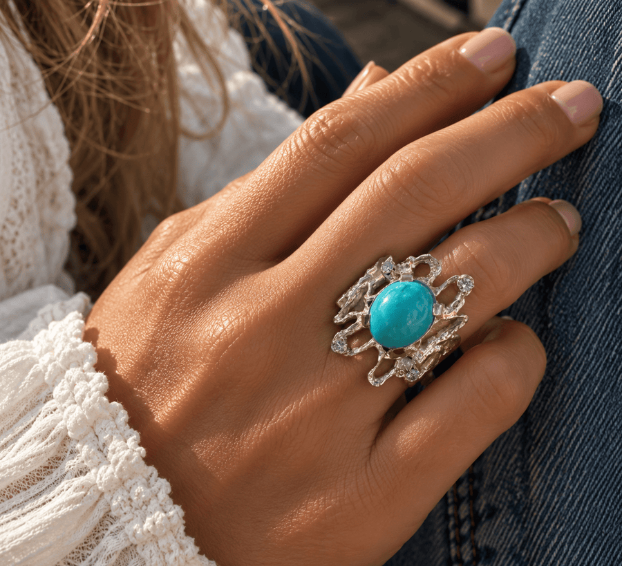 18k White Gold x Abstract 3.00ct Persian Turquoise & Natural Diamond Ring - Kingdom Jewelry