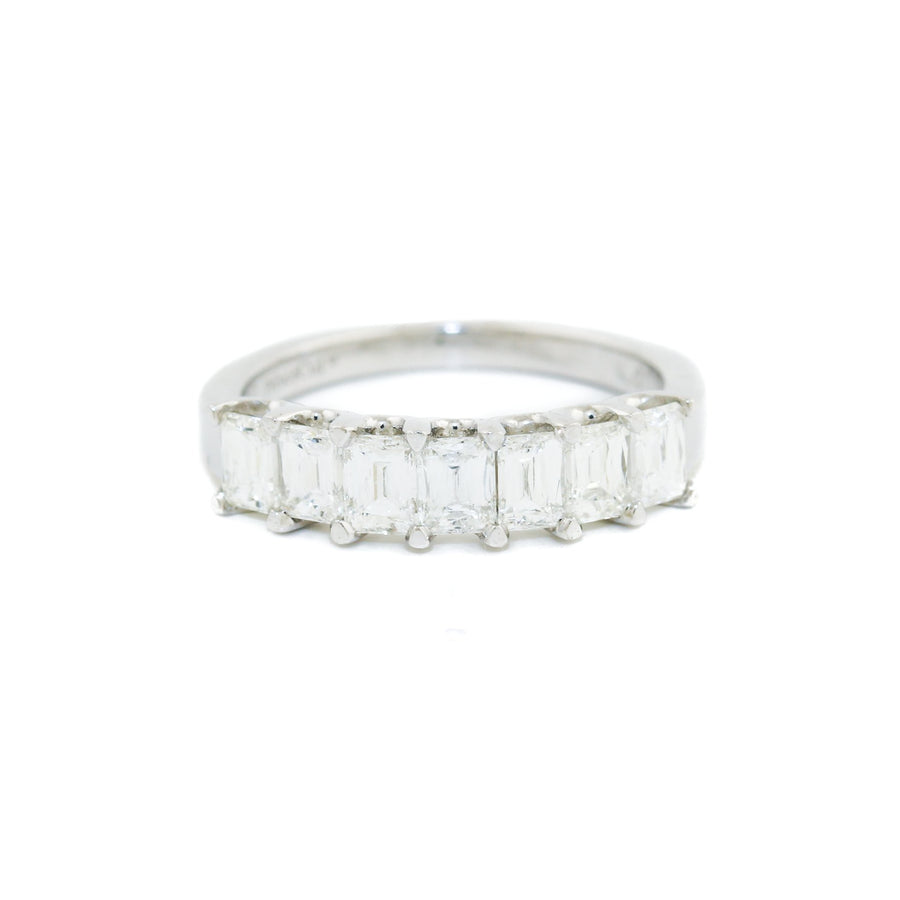 18K White Gold x Emerald - Cut Septet Diamond Ring - Kingdom Jewelry