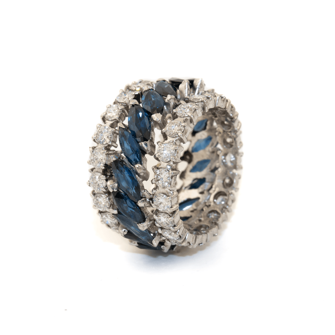 18k White Gold x Natural 1.90ctw RBC Diamond & 4.08ctw Marquise Blue Sapphire Estate Eternity Band - Kingdom Jewelry