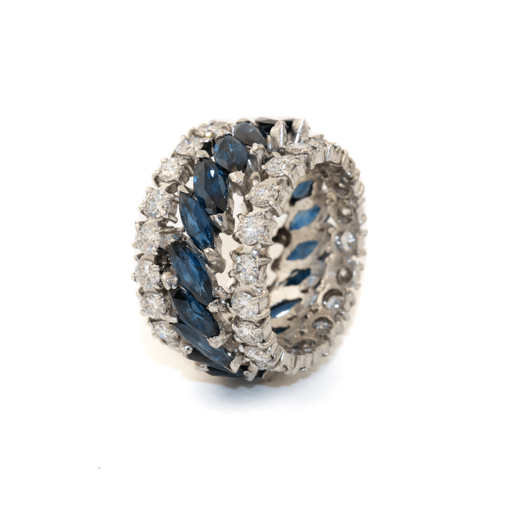18k White Gold x Natural 1.90ctw RBC Diamond & 4.08ctw Marquise Blue Sapphire Estate Eternity Band - Kingdom Jewelry